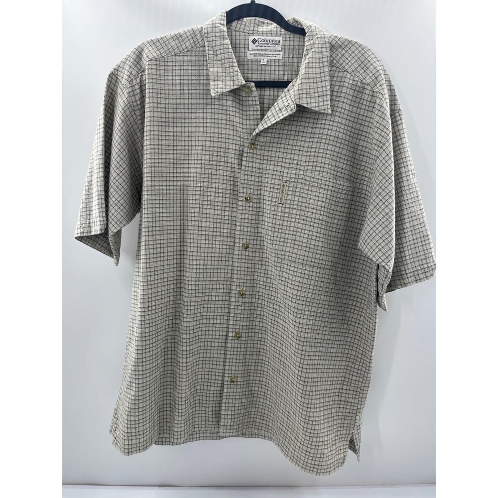Columbia Mens Large Short Sleeve Button Down Shirt Tan Grey Plaid Cotton 2271